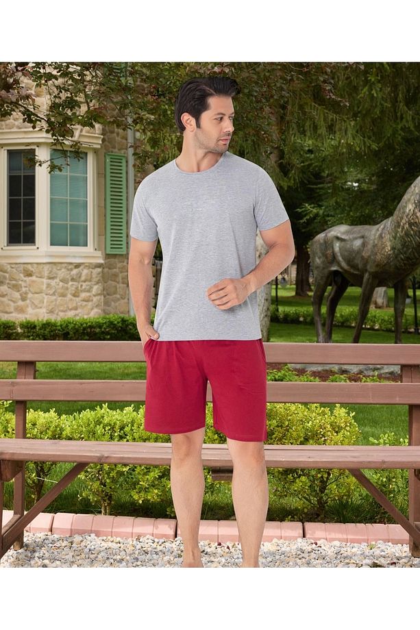 Kısa Kollu Şortlu Erkek Gri Pijama Takımı - 6170 - 1