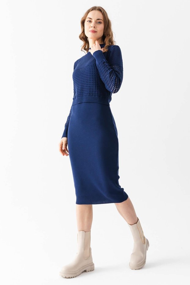 Women's Navy Blue Sweater Dress Bottom-Top Knitwear Set 11240
