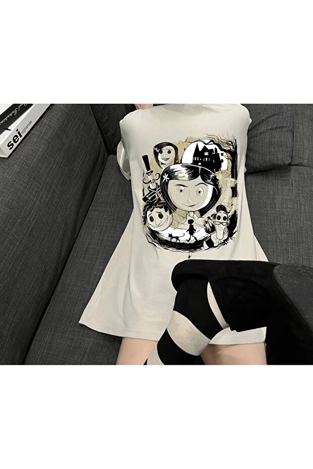 Coraline Children Film Front/Rear Printed Oversize Beige T-Shirt