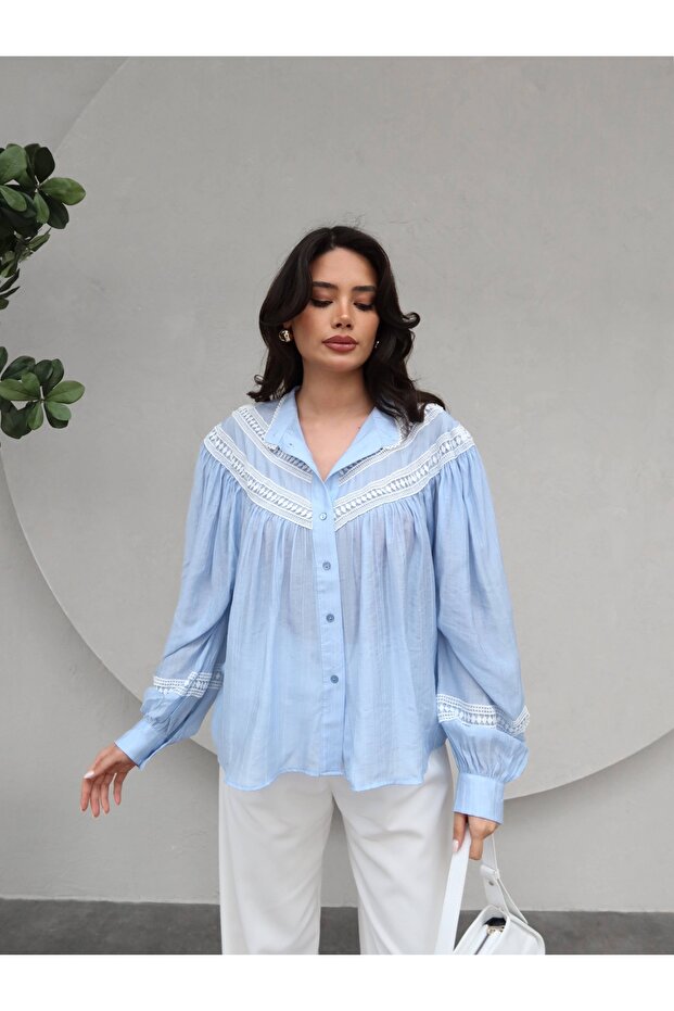 Dantel Detaylı Oversize Gömlek - 1