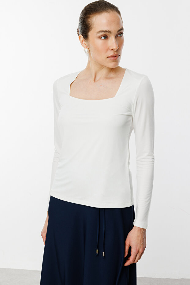 Kare Yaka Uzun Kollu Basic Bluz - 2