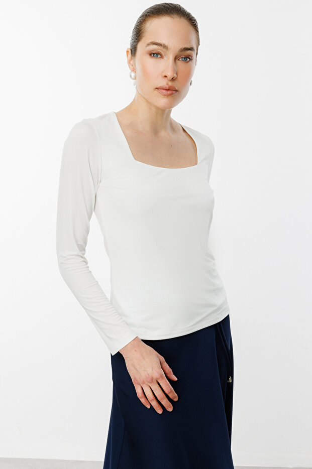 Kare Yaka Uzun Kollu Basic Bluz - 1