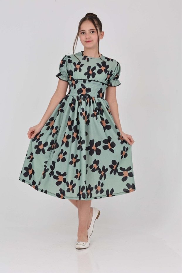 Girl Floral Print Waist Detail Long Dress