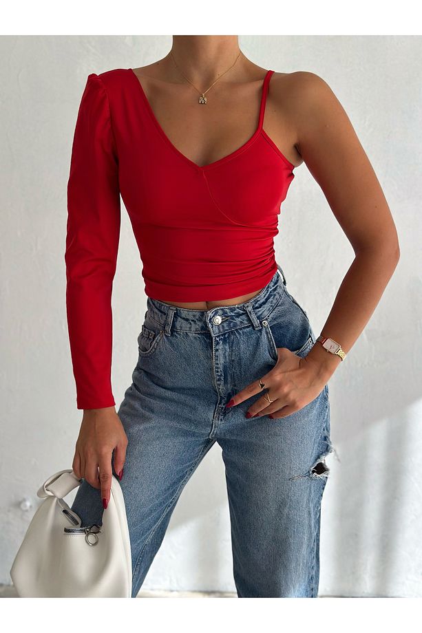 Kadın Kırmızı Tek Kol Askılı Dalgıç Kumaş Crop Bluz - 1