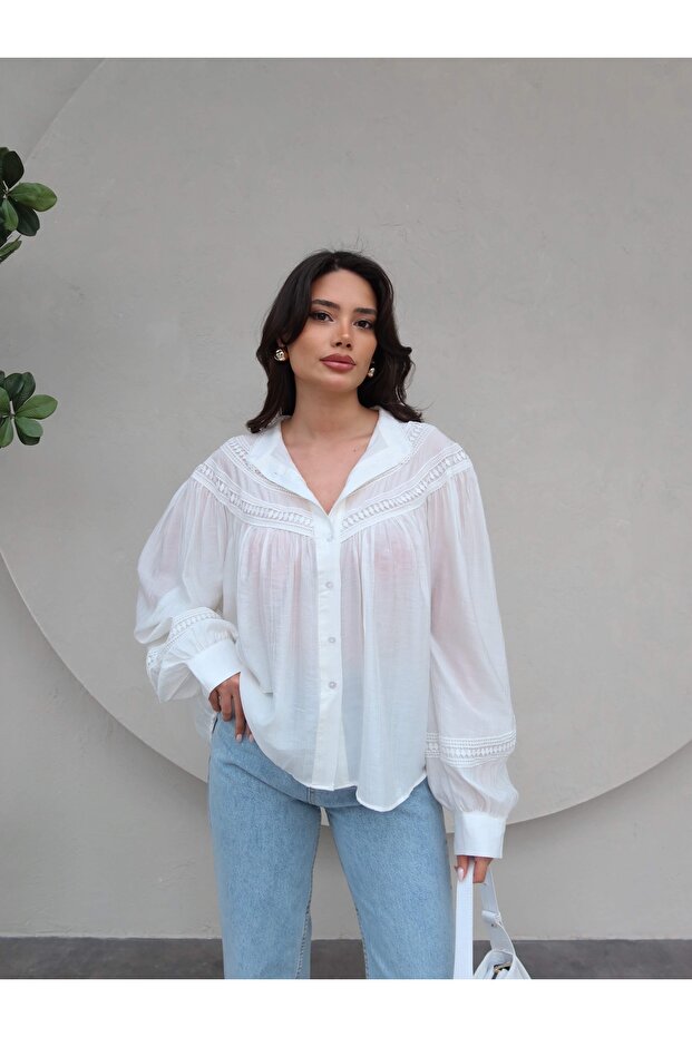 Dantel Detaylı Oversize Gömlek - 1