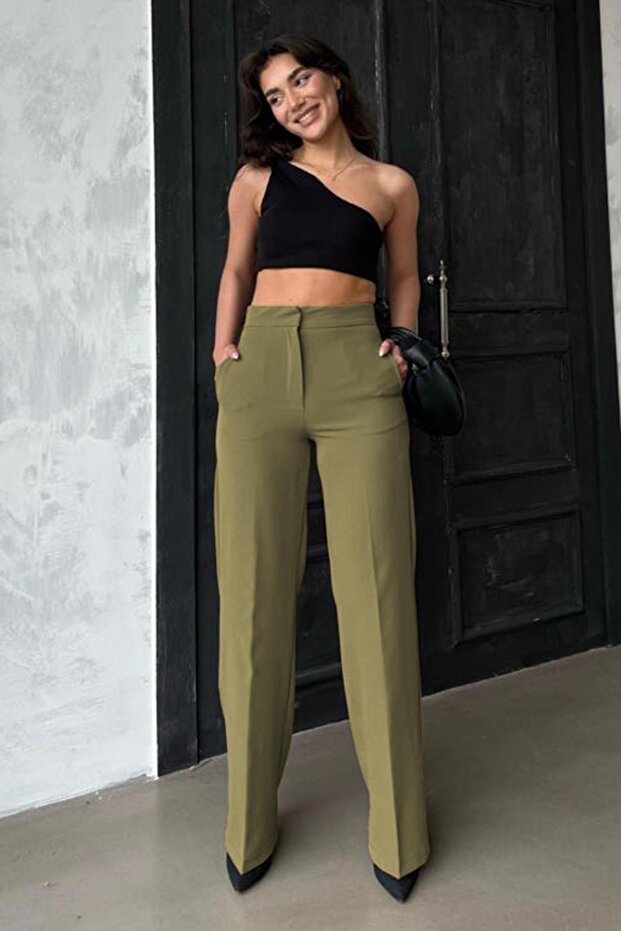 Khaki High Waist Fabric Pants Mg2284