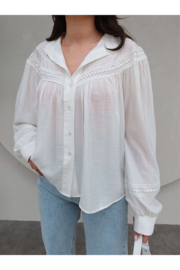 Dantel Detaylı Oversize Gömlek - 3