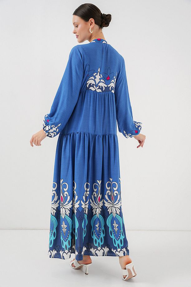 2423 Otantik Desenli Tesettür Elbise - F. İndigo - 5