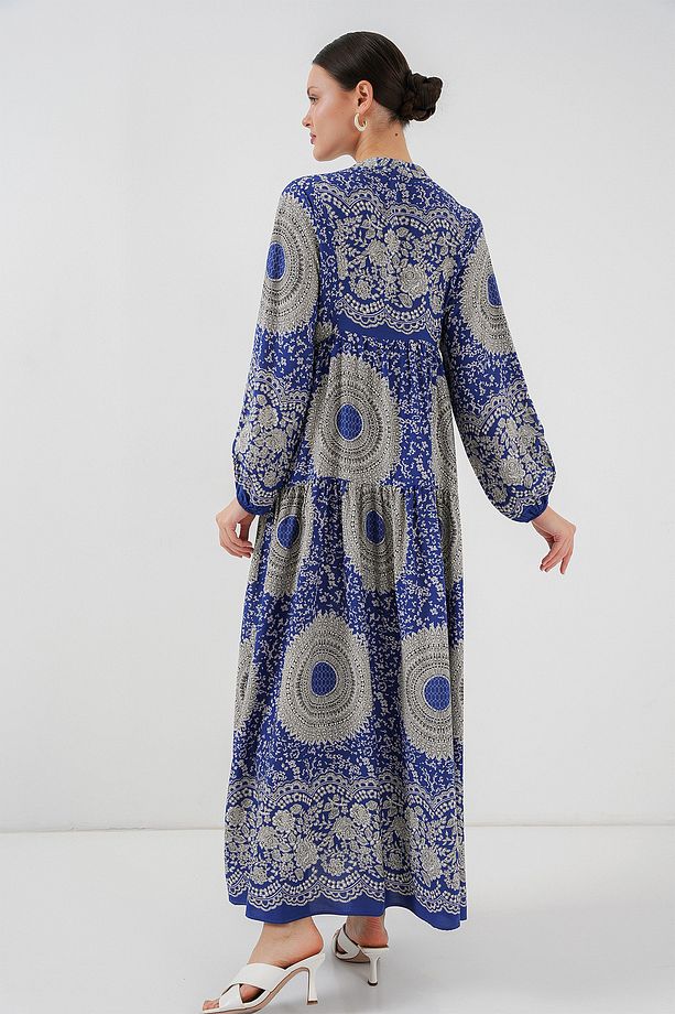 2423 Otantik Desenli Tesettür Elbise - Saks 4 - 5