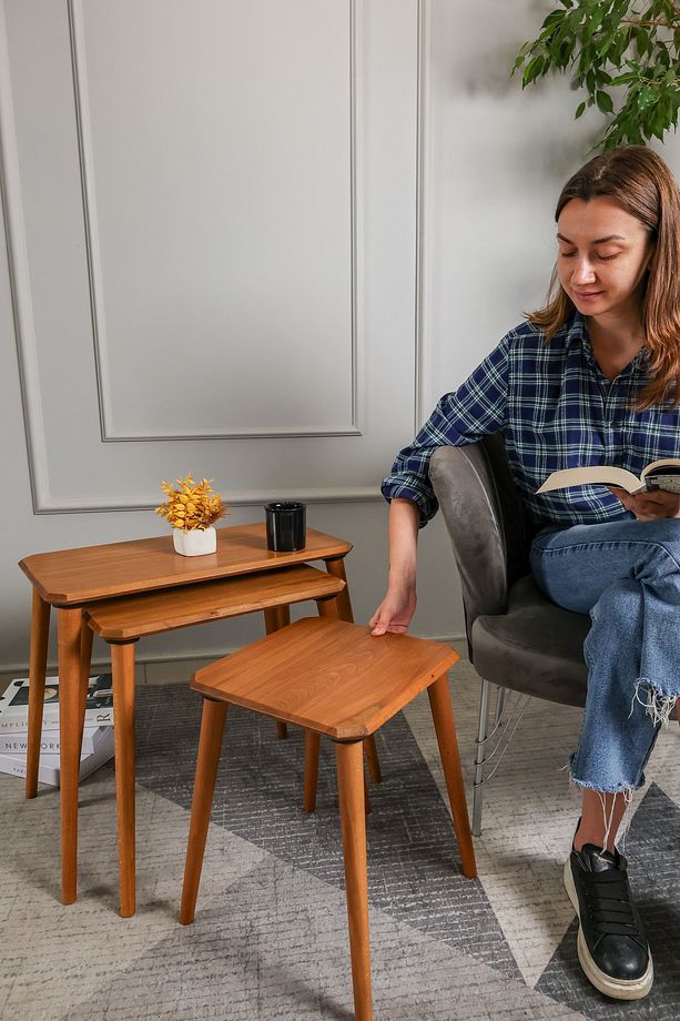 Meşe Masif Doğal Ahşap Zigon Sehpa 3'lü Set, Modern Masif Yan Sehpa - 4