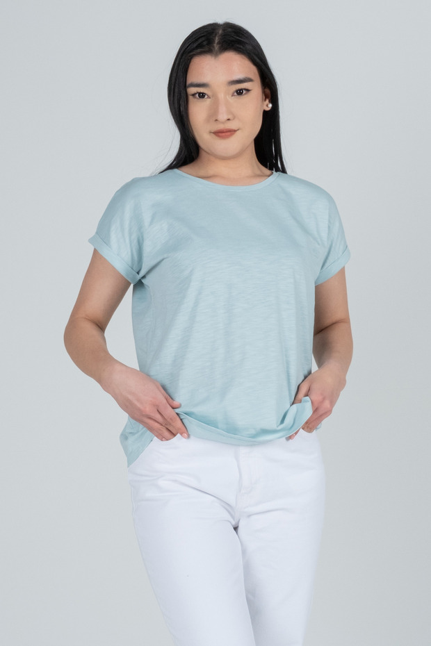100% Cotton Striped Low Sleeve Double Women's T-shirt - Navy Blue