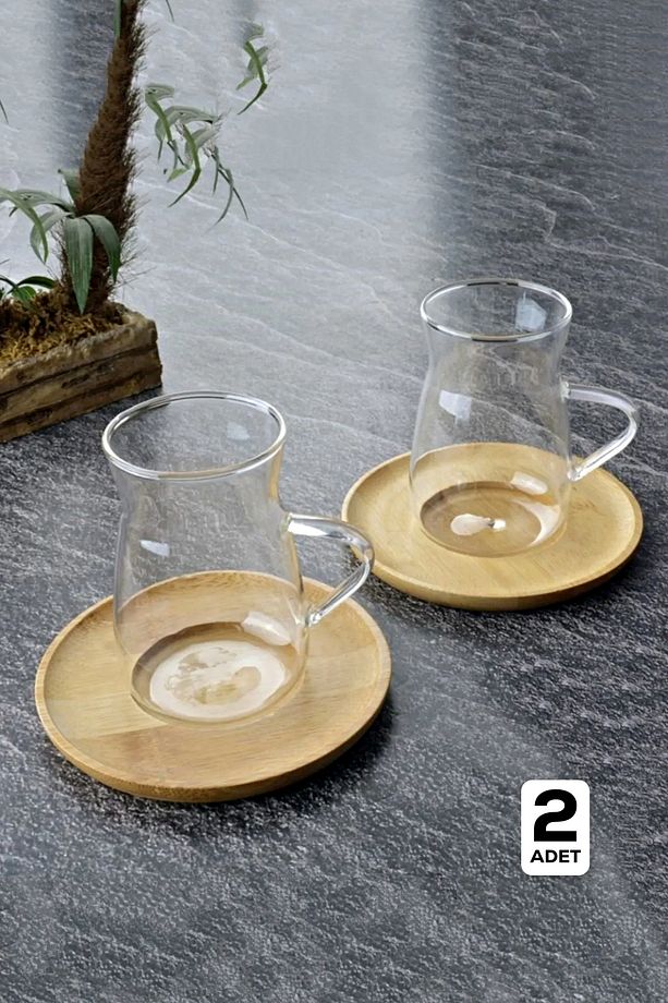 2'li Bambu Kapaklı Morning Çay Bardağı Seti Isıya Dayanıklı Termosilikat Keyfi Ala Bardak 180 ml - 1