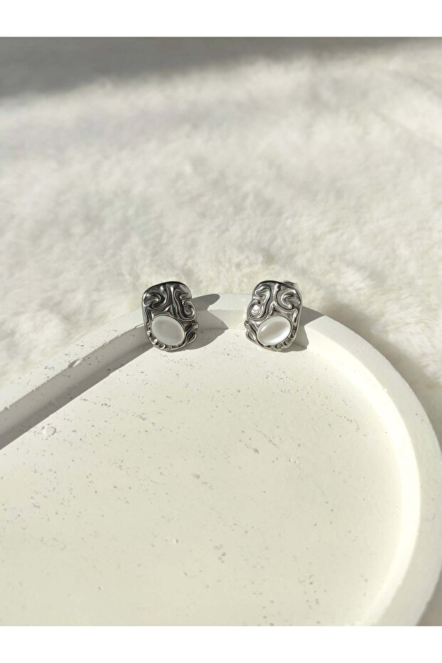 Women's Stainless Steel Authentic Patterned Mother of Pearl Stone Earrings