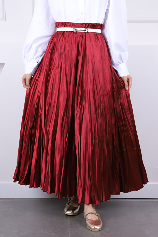 Burgundy Elastic Waist Satin Skirt
