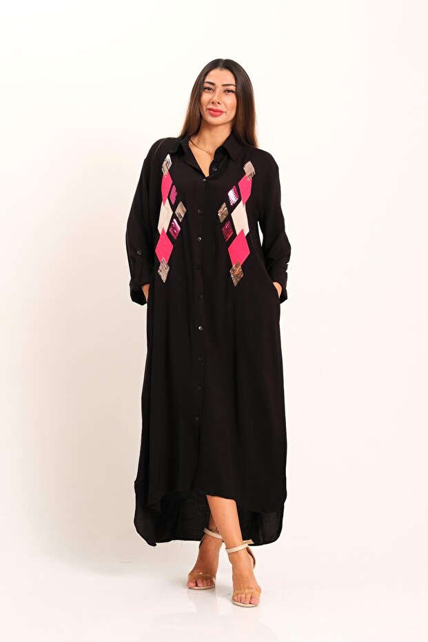 Women's Black Front Sequin Sequin Applique Embroidered Long Shirt Dress with Sleeve Epaulets