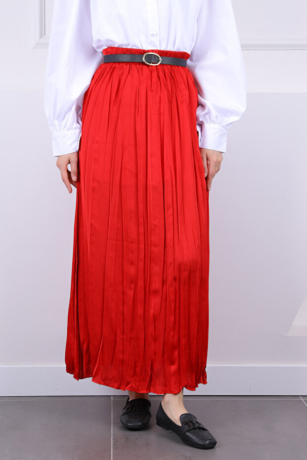 Red Elastic Waist Satin Ruched Skirt