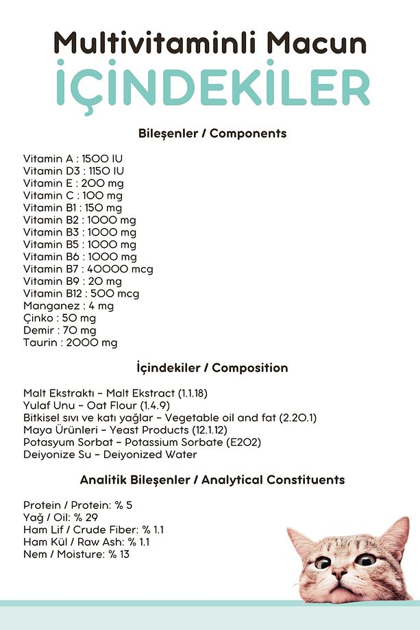 Multi Paste 100 Gr.(KEDİLER IÇİN BAĞIŞIKLIK GÜCLENDİRİCİ MULTİVİTAMİN MACUN) Kedi Vitamini Malt - 5