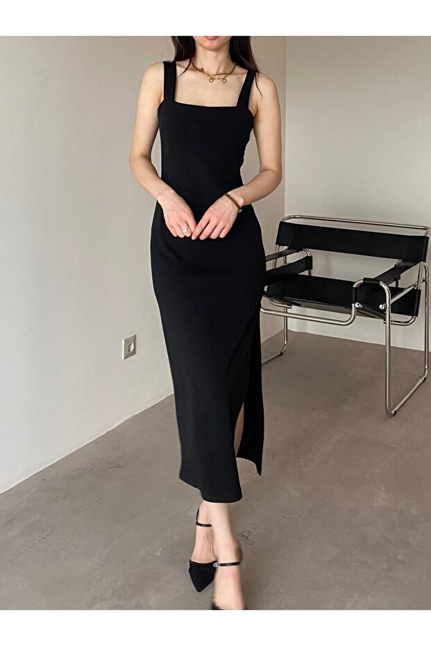 Black Square Neck Slit Basic Dress - 4