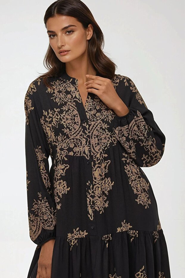 Baskılı Uzun Kol Viskon Maxi Elbise - 5