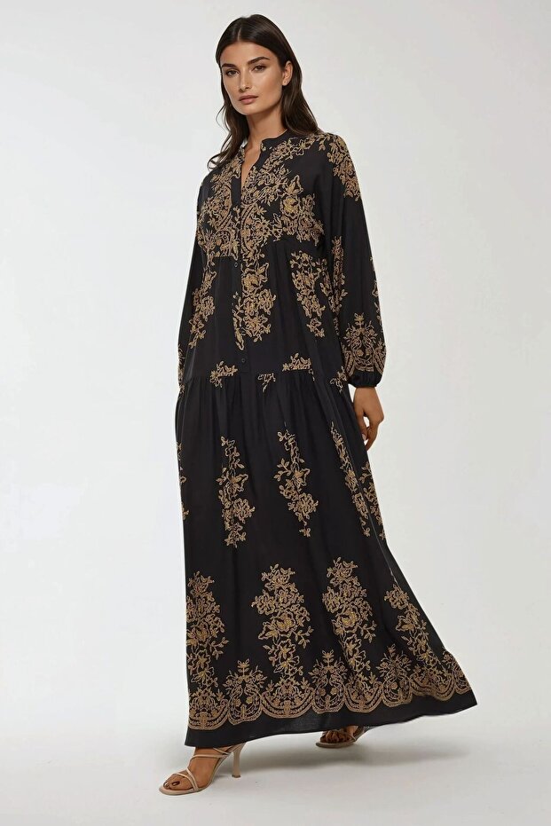 Baskılı Uzun Kol Viskon Maxi Elbise - 4