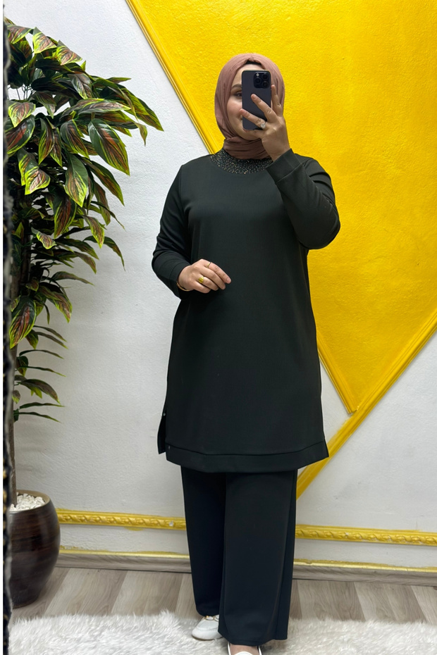 Women's Islamic Clothing Plus Size Corded Fabric Ecrin Double Suit with Pants