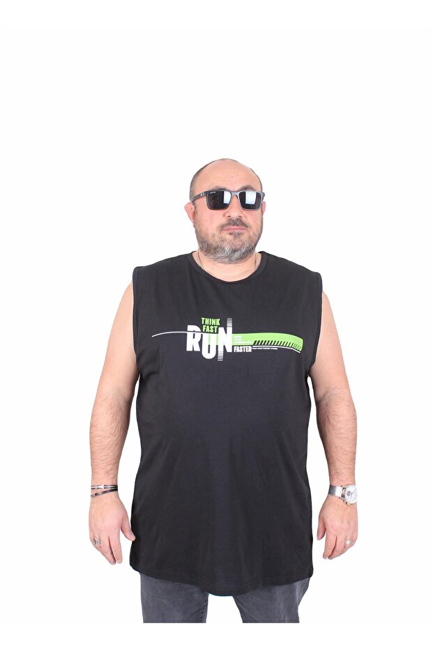 تي شيرت مطبوع بدون أكمام مقاس كبير Think Fast Run 25152 أسود