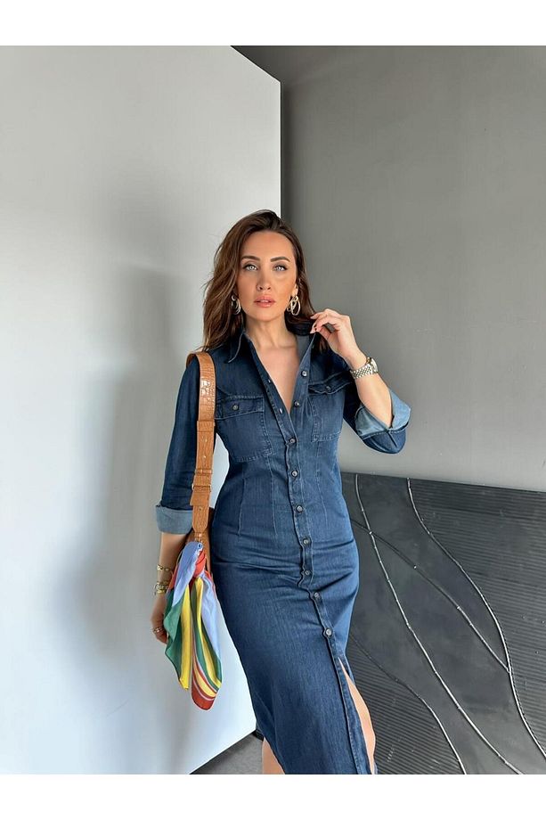 Lacivert Kapak Cepli Düğmeli Kot Elbise - 6