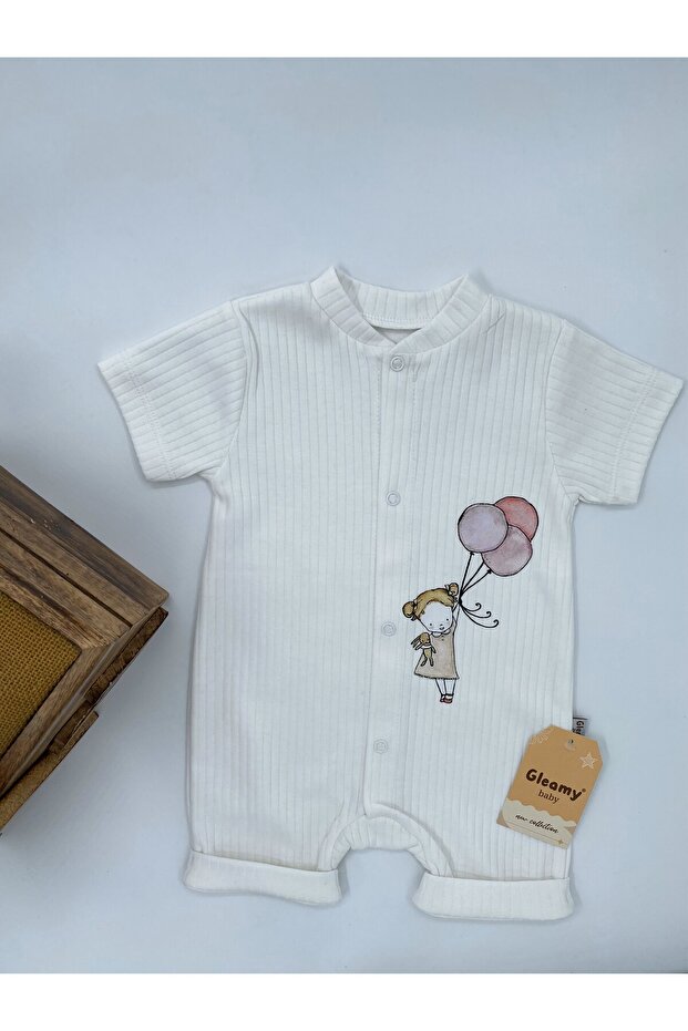 Bebe Kids Balloon Girl Pattern Snap Fastener Short Sleeve Shorts Jumpsuit (Zıbın) Candy Kasar 100% Cotton