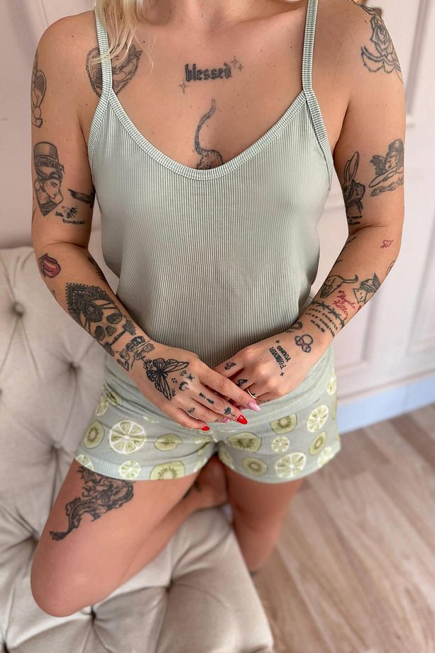 Yeşil Fresh Summer Desenli İp Askılı Şortlu Kadın Pijama Takımı - 6