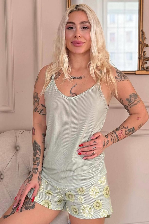 Yeşil Fresh Summer Desenli İp Askılı Şortlu Kadın Pijama Takımı - 1
