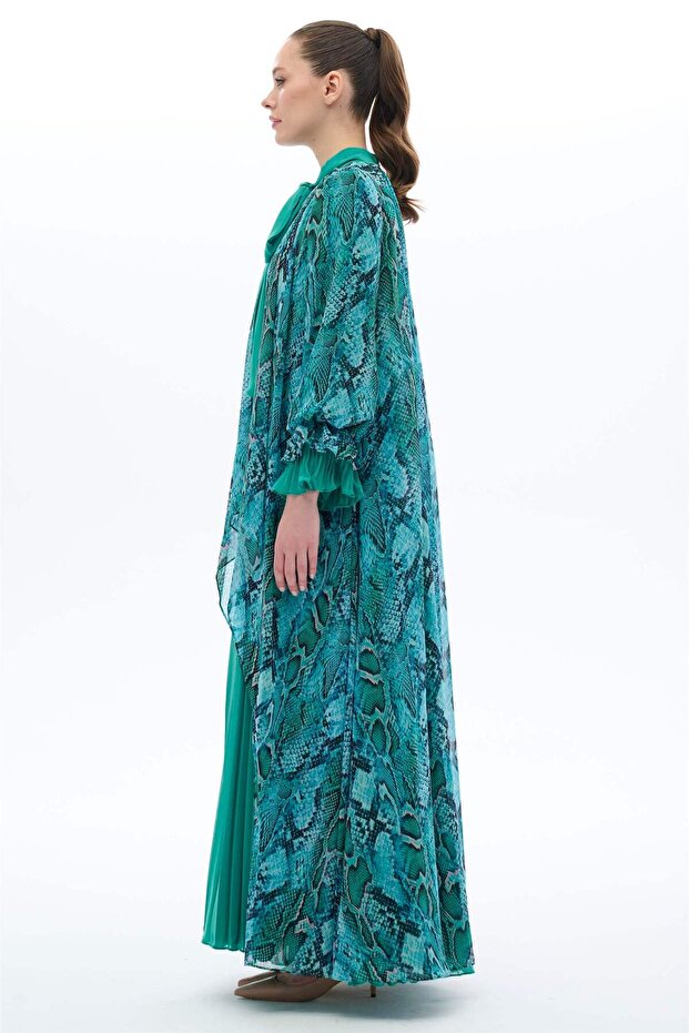 Rochie verde plisată cu eșarfă - 3