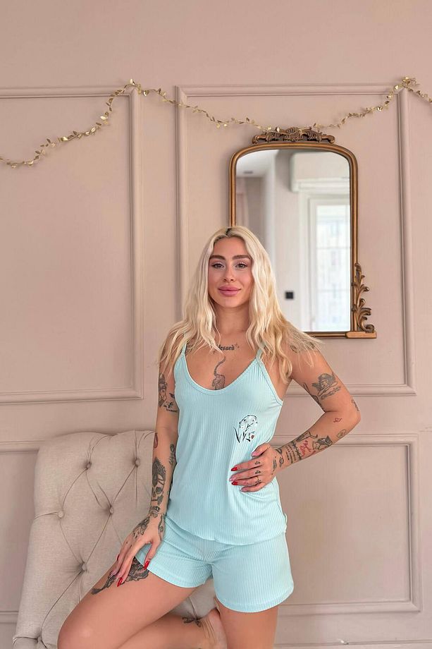 Aqua Belle Fleur Desenli Örme Ip Askı Şortlu Kadın Pijama Takımı - 4