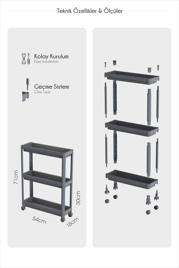 3 Katlı Tekerlekli Slim Raf Ünitesi, Mutfak Rafı, Banyo Rafı - 5