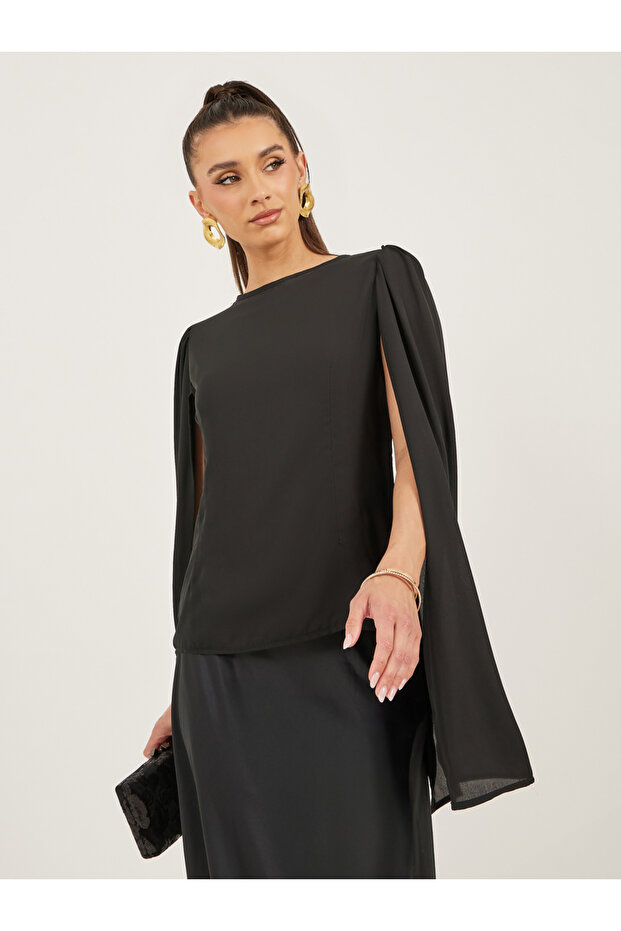 Solid Round Neck Cape Sleeve Blouse - 3