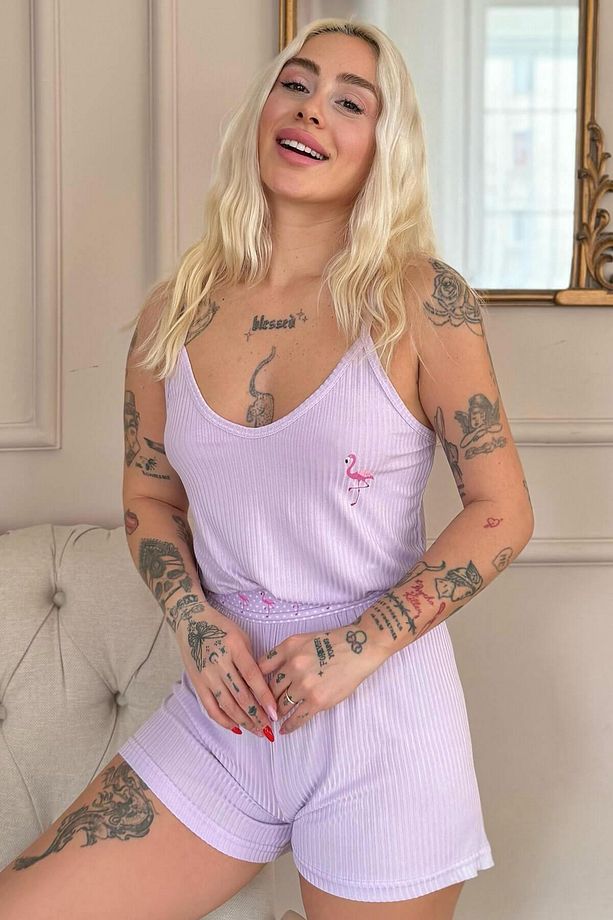Lila Flamingo Chic Desenli Örme Ip Askı Şortlu Kadın Pijama Takımı - 1