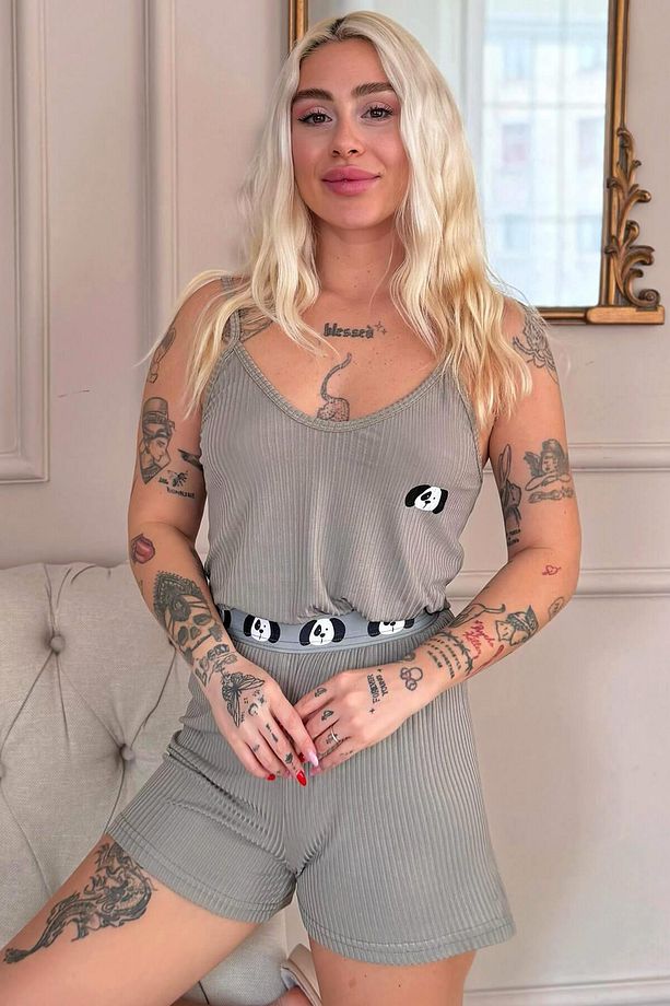 Haki Panda Charm Desenli Örme Ip Askı Şortlu Kadın Pijama Takımı - 1