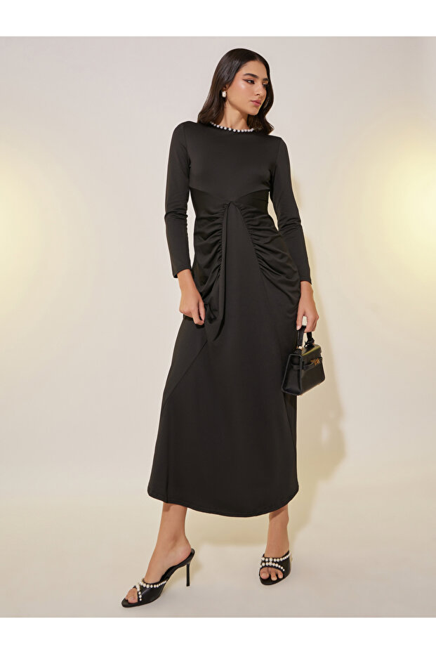 Solid Gathered A-Line Maxi Dress