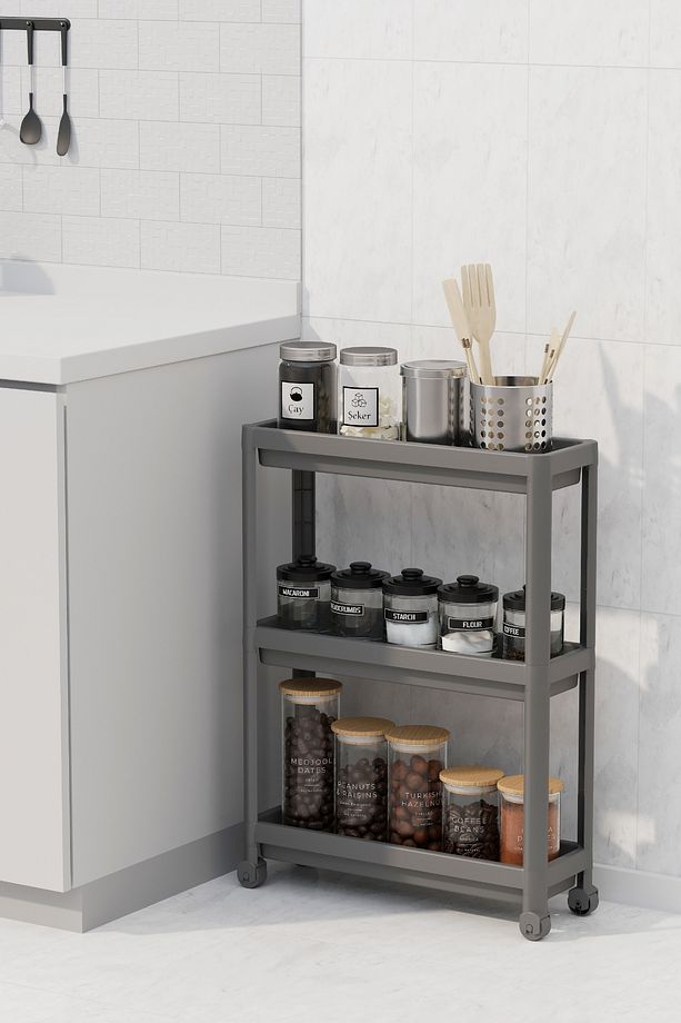 3 Katlı Tekerlekli Slim Raf Ünitesi, Mutfak Rafı, Banyo Rafı - 1