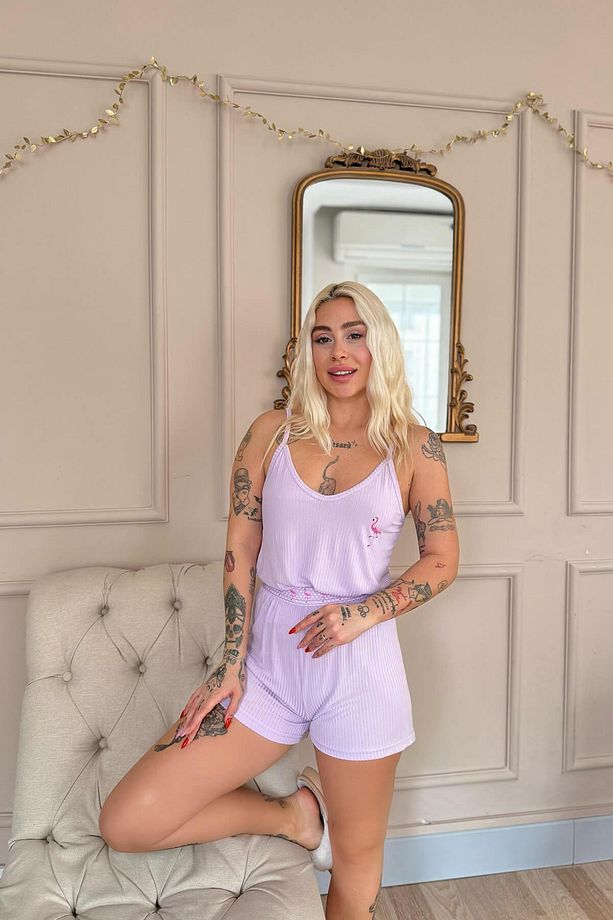 Lila Flamingo Chic Desenli Örme Ip Askı Şortlu Kadın Pijama Takımı - 4