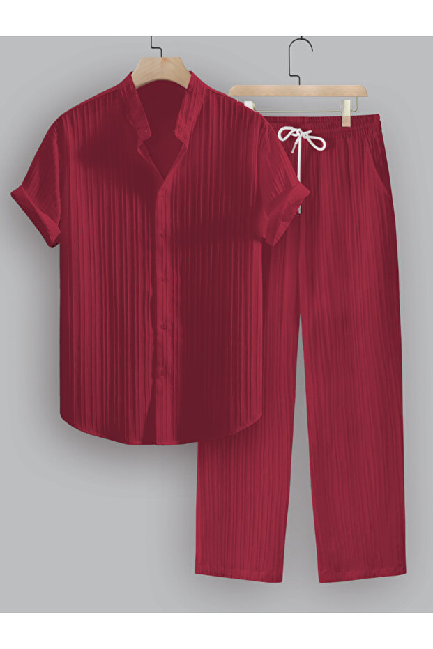 Striped Stand Collar Short Sleeve Shirt and Trousers Co-Ords