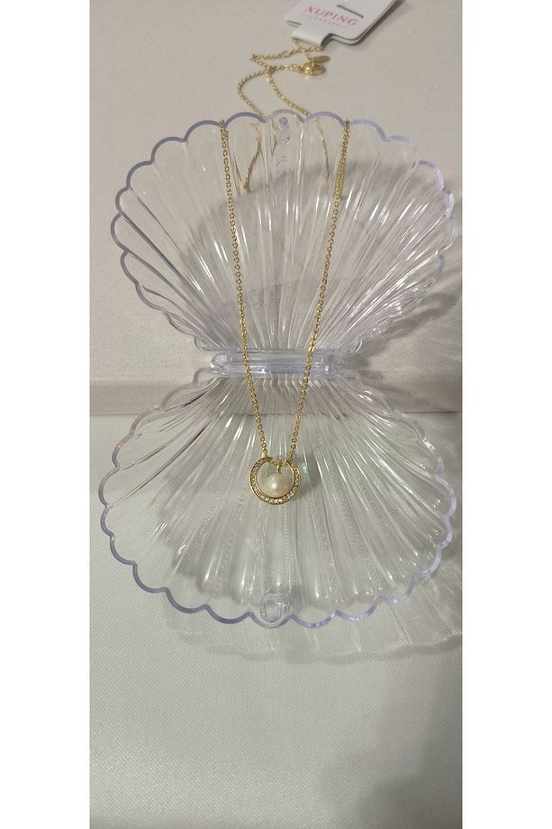 Vip Minimal Yuvarlak Çerçeveli inci Model Kolye Kararmaz 14K Rengindedir 47 +5cm - 2
