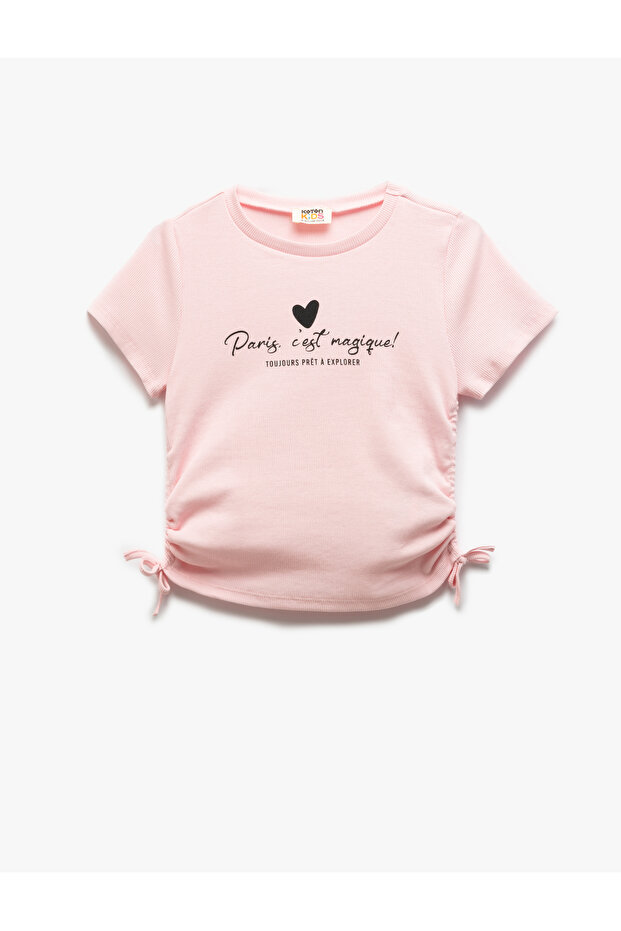Cotton Drawstring Detailed Printed Short Sleeve Crew Neck Crop T-Shirt