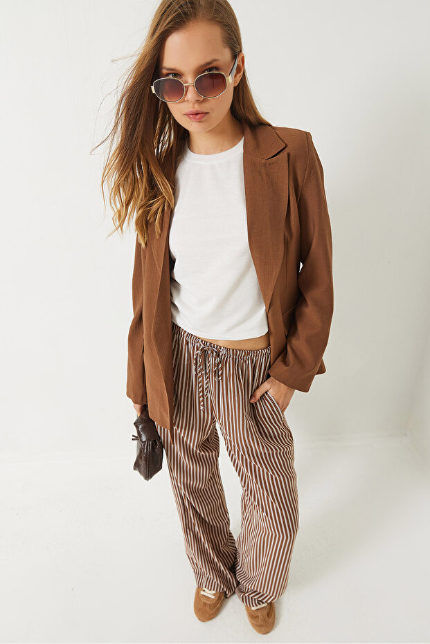 Women's Tan Padded Lining Striped Strawberry Fabric Blazer Jacket 50178 60283002