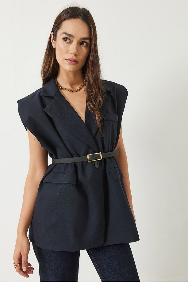 Kadın Cep Detaylı Kemerli Vatkalı Oversize Astarlı Blazer Yelek 11143 60281003 - 3
