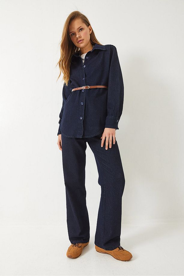 Kadın Vatka Detaylı Kemerli Gömlek Palazzo Pantolonlu Denim Takım 9299 60281009 - 4