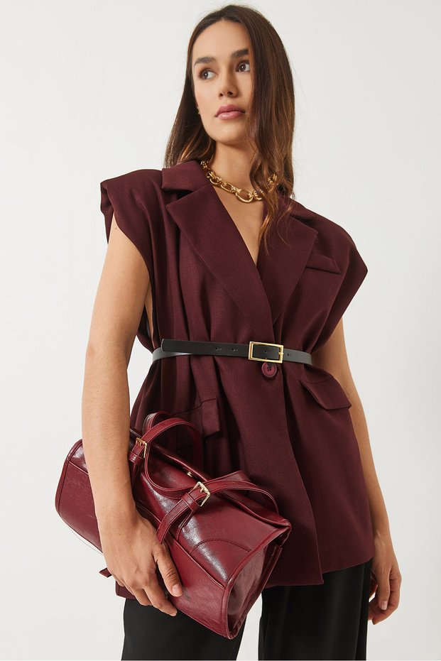 Women's Burgundy Pocket Detailed Belted Padded Oversize Lined Blazer Vest 11143 60281003