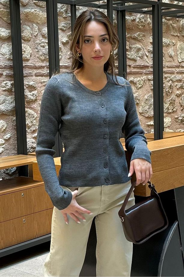 Antrasit Düğmeli Uzun Kollu Triko Hırka SH209 - 2