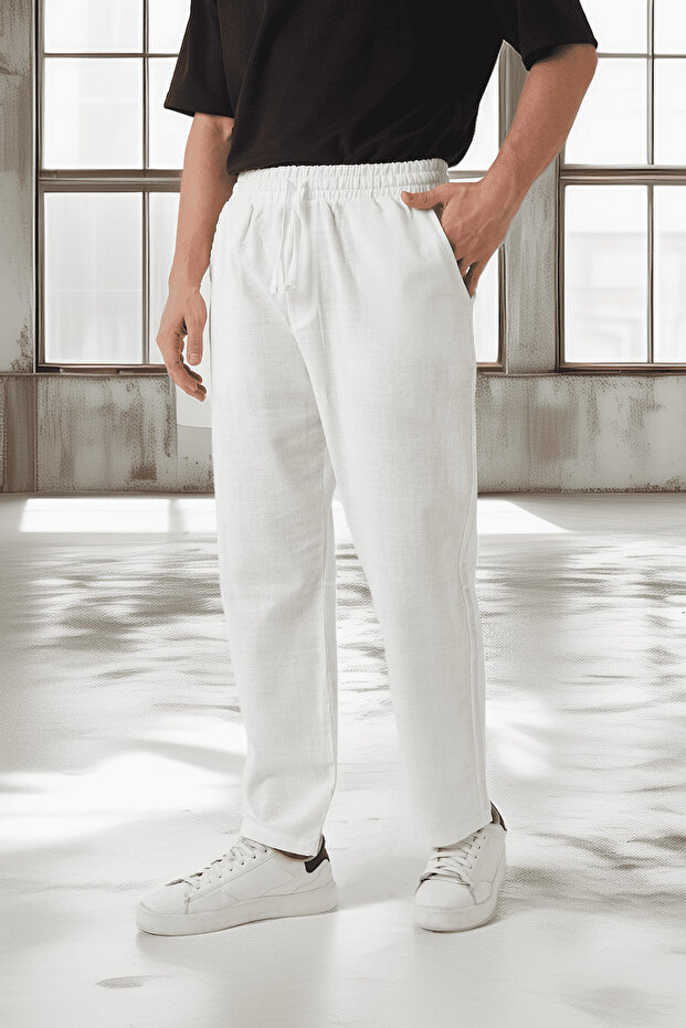 Lightweight and Breathable Cotton Comfortable Fit Baggy Men's Trousers - Ecru