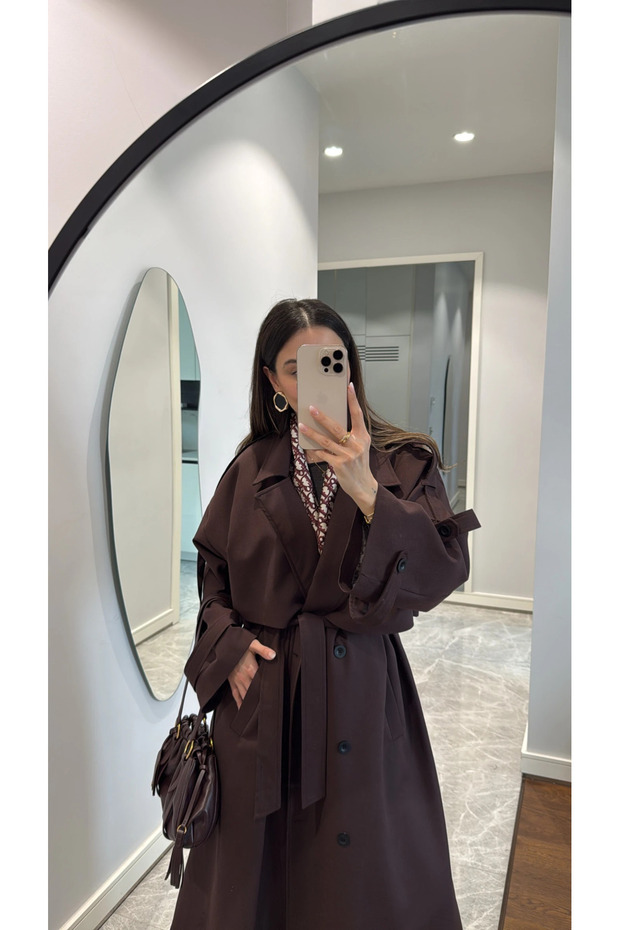 Acı Kahve Lucky Düğme Detaylı Oversize Trençkot-9476 - 2