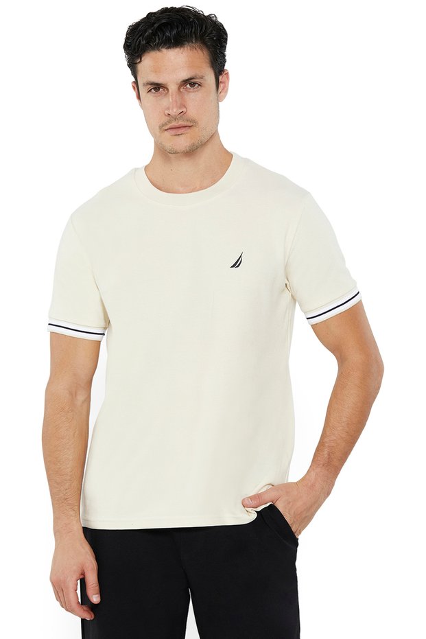 Mens Beige Round Neck Short Sleeve Tee, Lightweight Knit for All-Day Comfort & Effortless Style